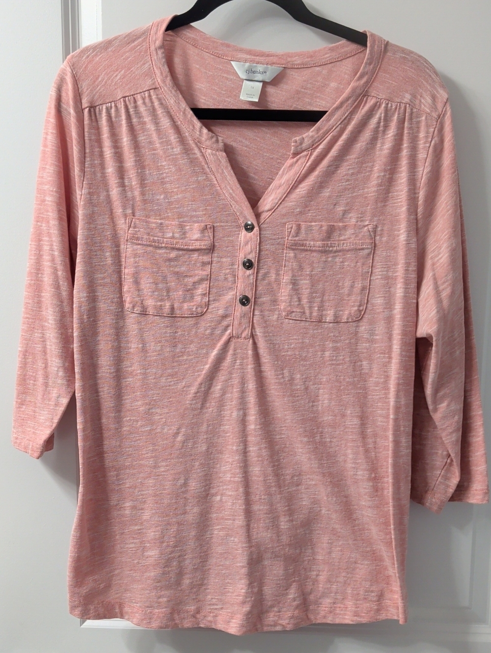 CJ Banks Peach Heather Henley 3/4-Sleeve Pocket Top